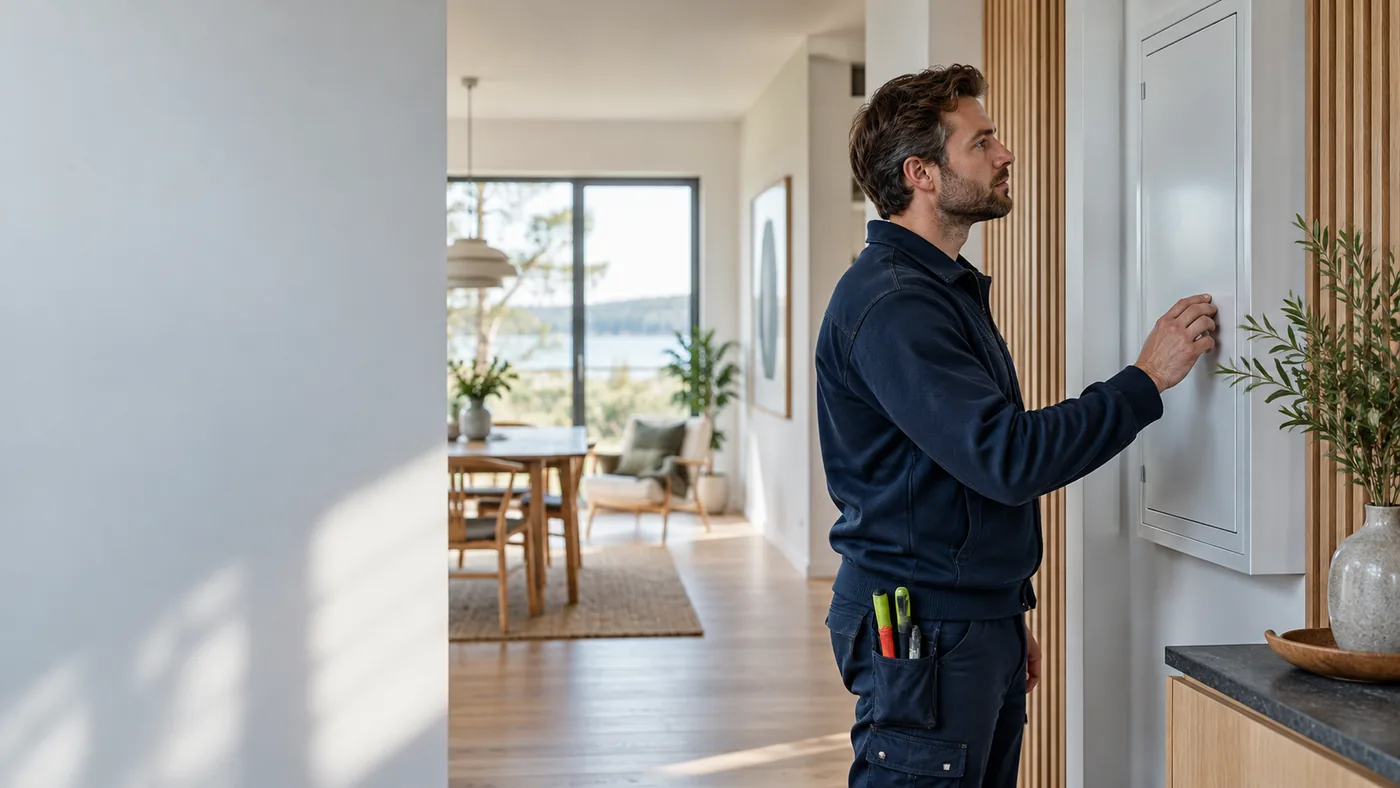 Elektriker gennemgår en lukket eltavle i en moderne dansk bolig